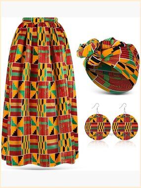 African Print Maxi Skirt Set with Pockets, Head Wrap & Earrings